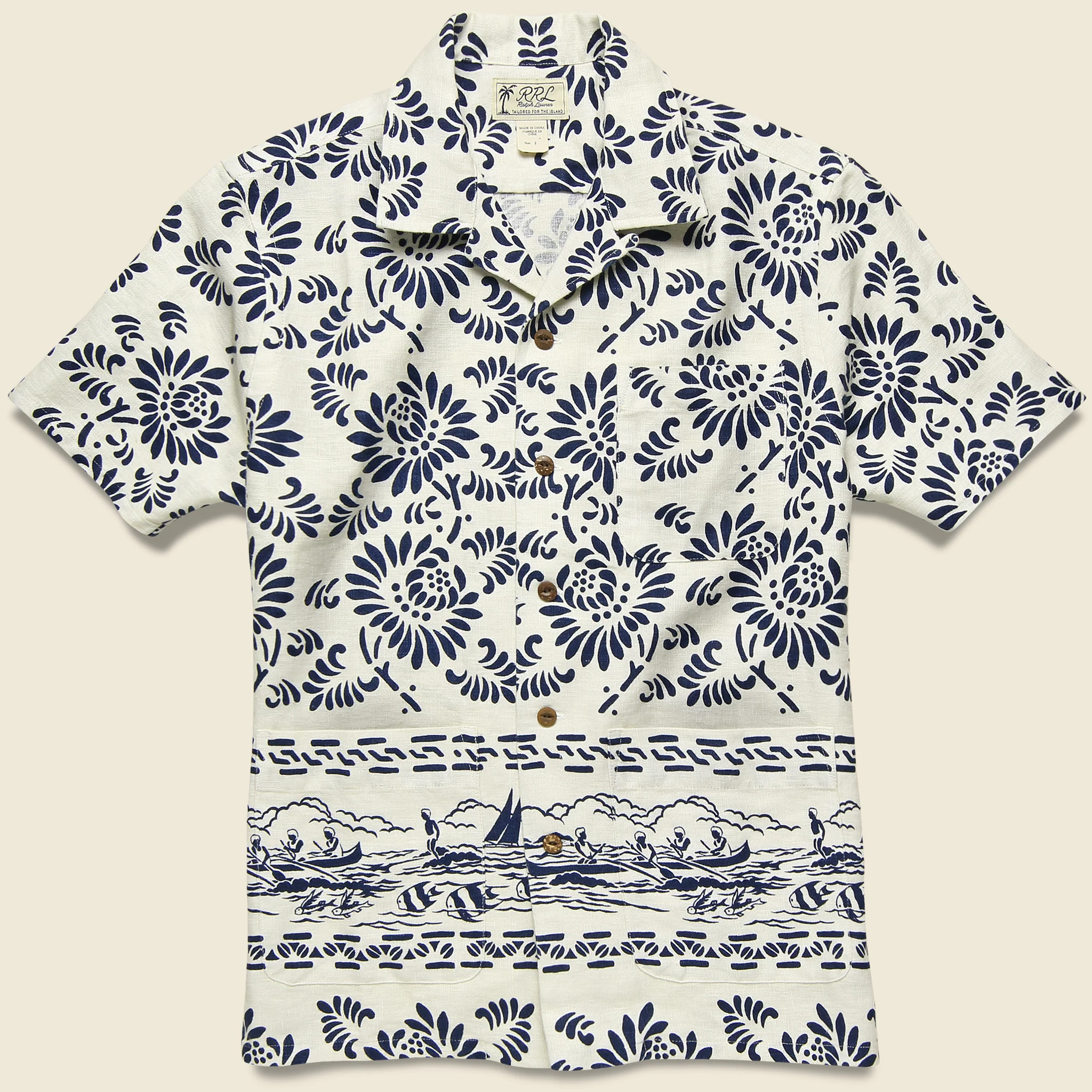 Print Linen Camp Shirt - Cream/Blue