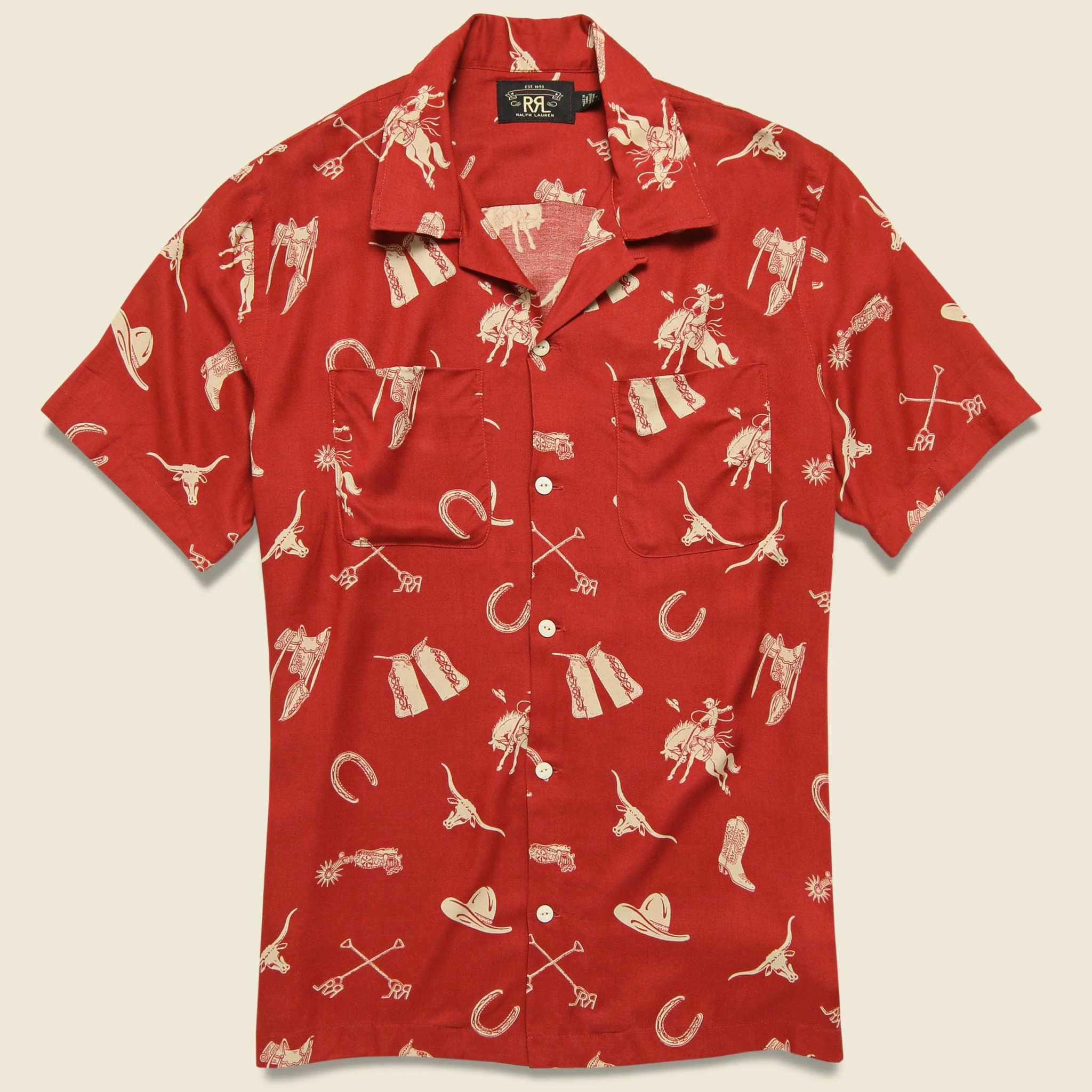 Western Print Rayon Camp Shirt - Red/Cream