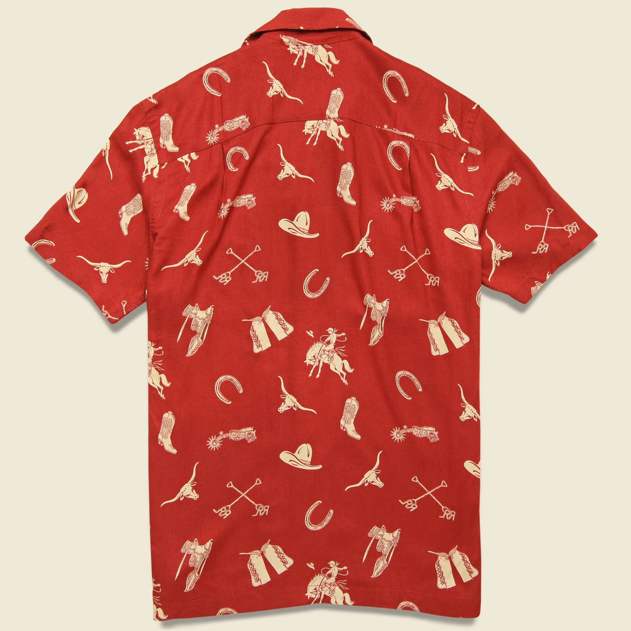 Western Print Rayon Camp Shirt - Red/Cream - Image 2