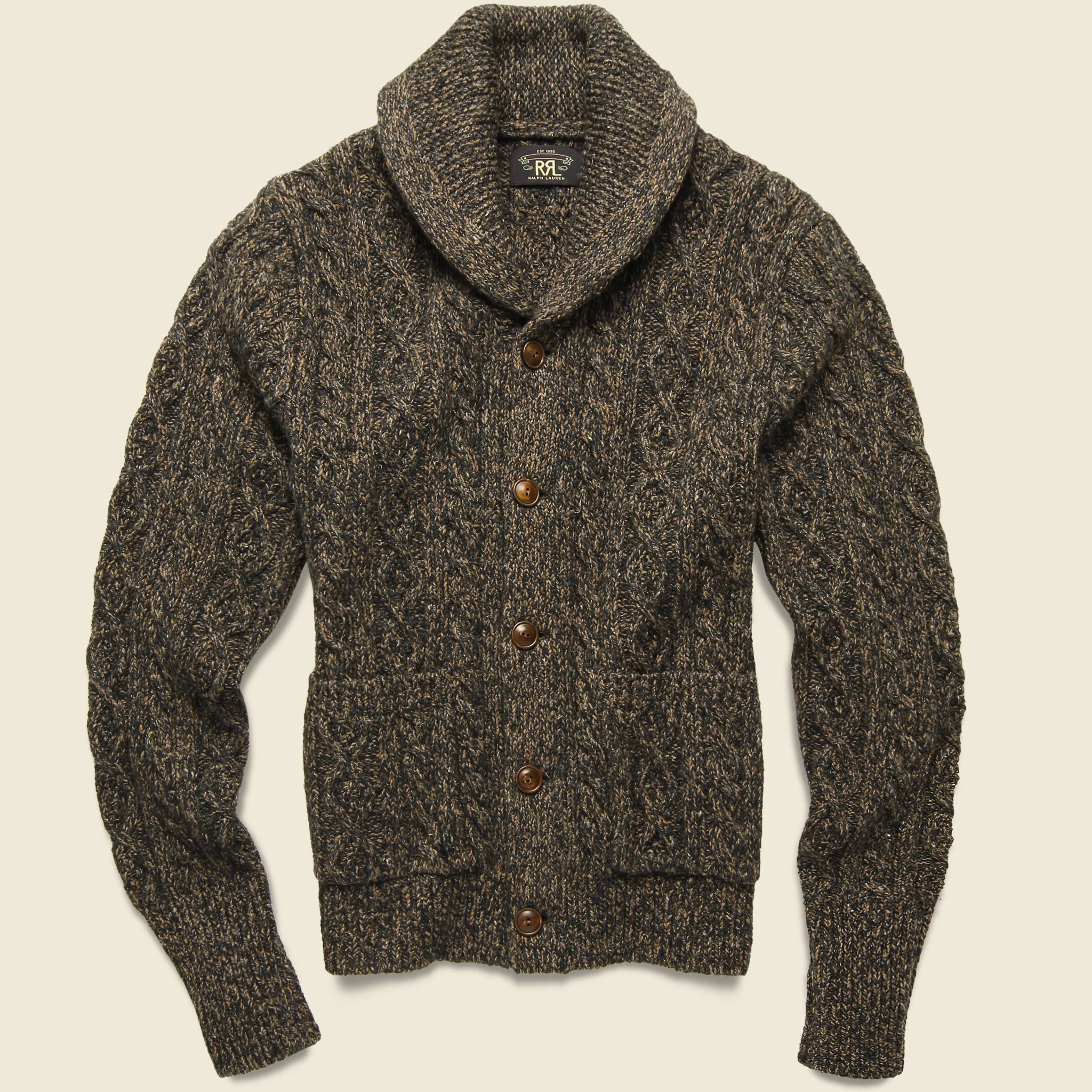 Marled Aran-Knit Wool-Blend Cardigan - Black/Brown
