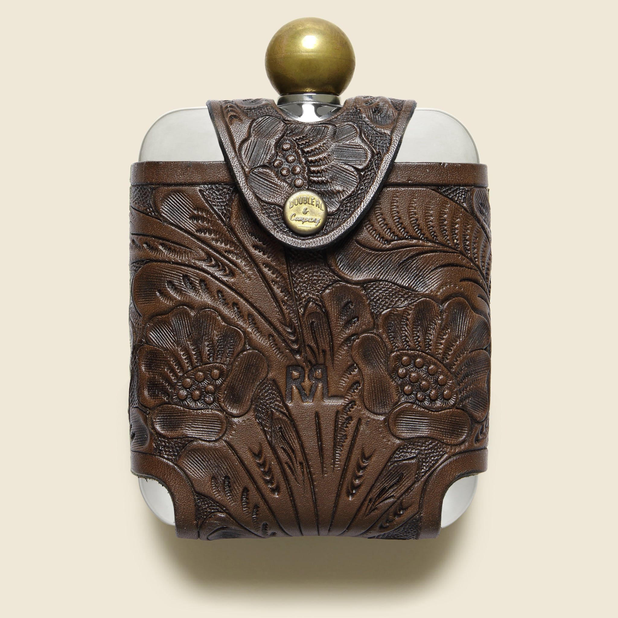 Tooled Leather Hip Flask - Brown