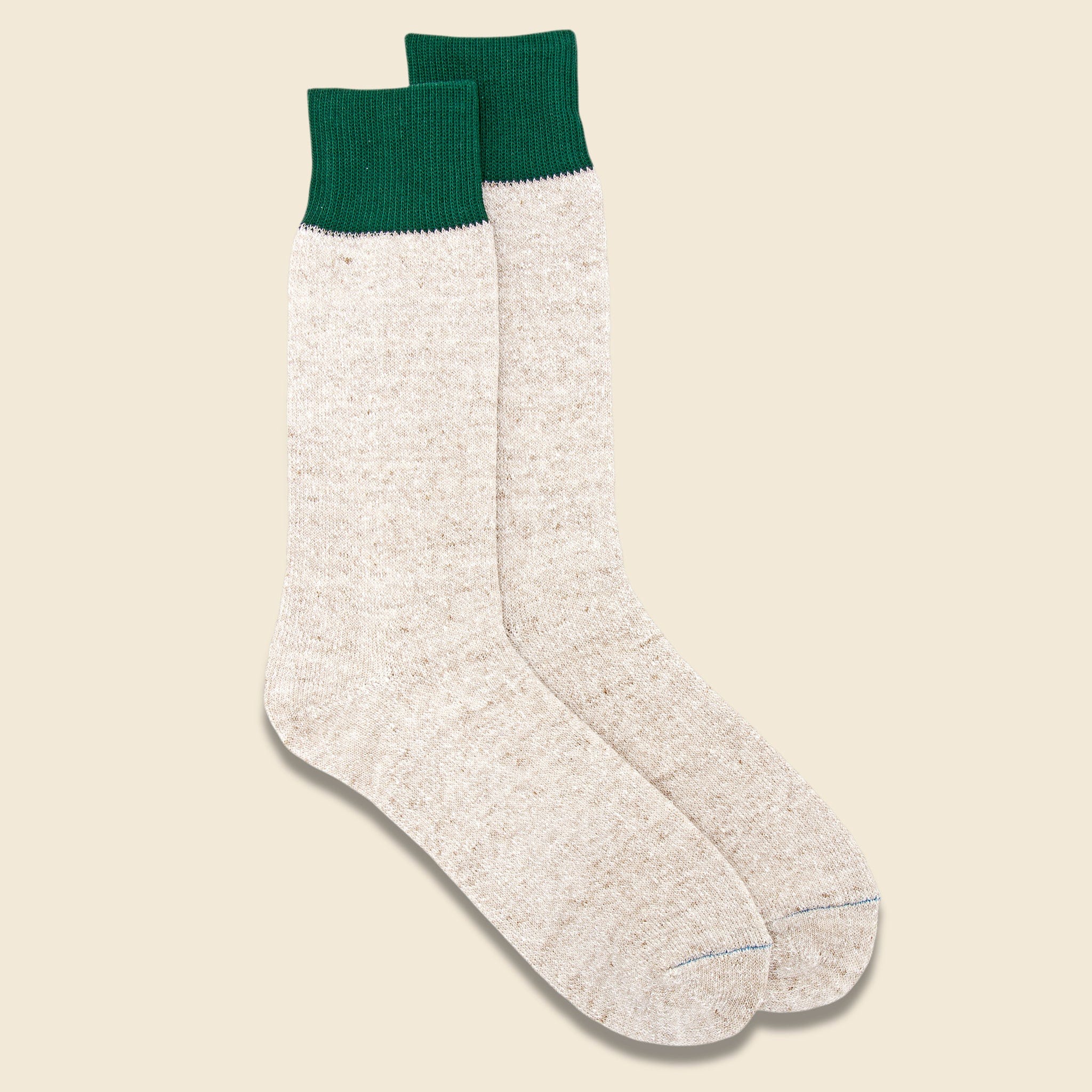 Silk & Cotton Double Face Crew Sock - Green/Medium Beige