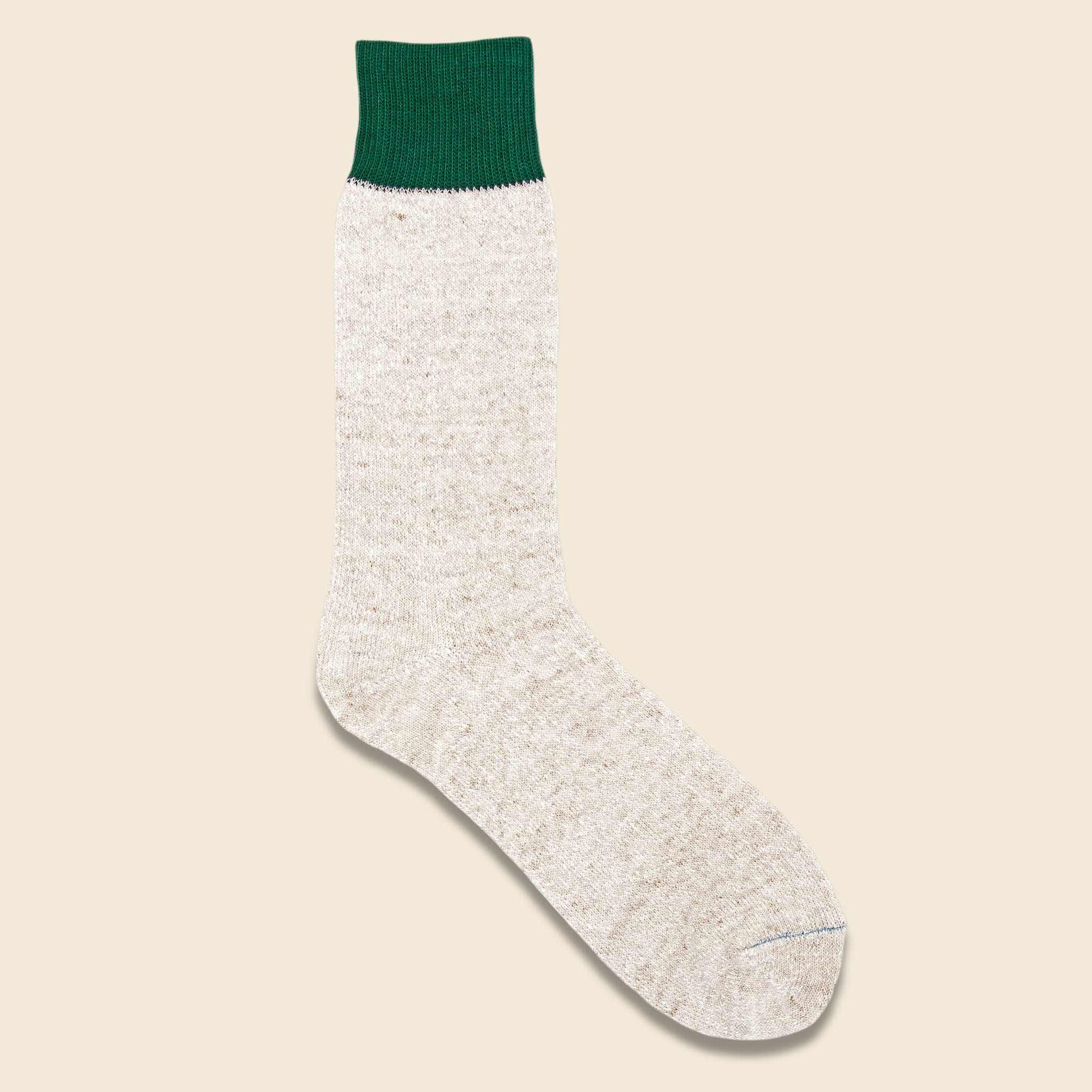 Silk & Cotton Double Face Crew Sock - Green/Medium Beige - Image 2
