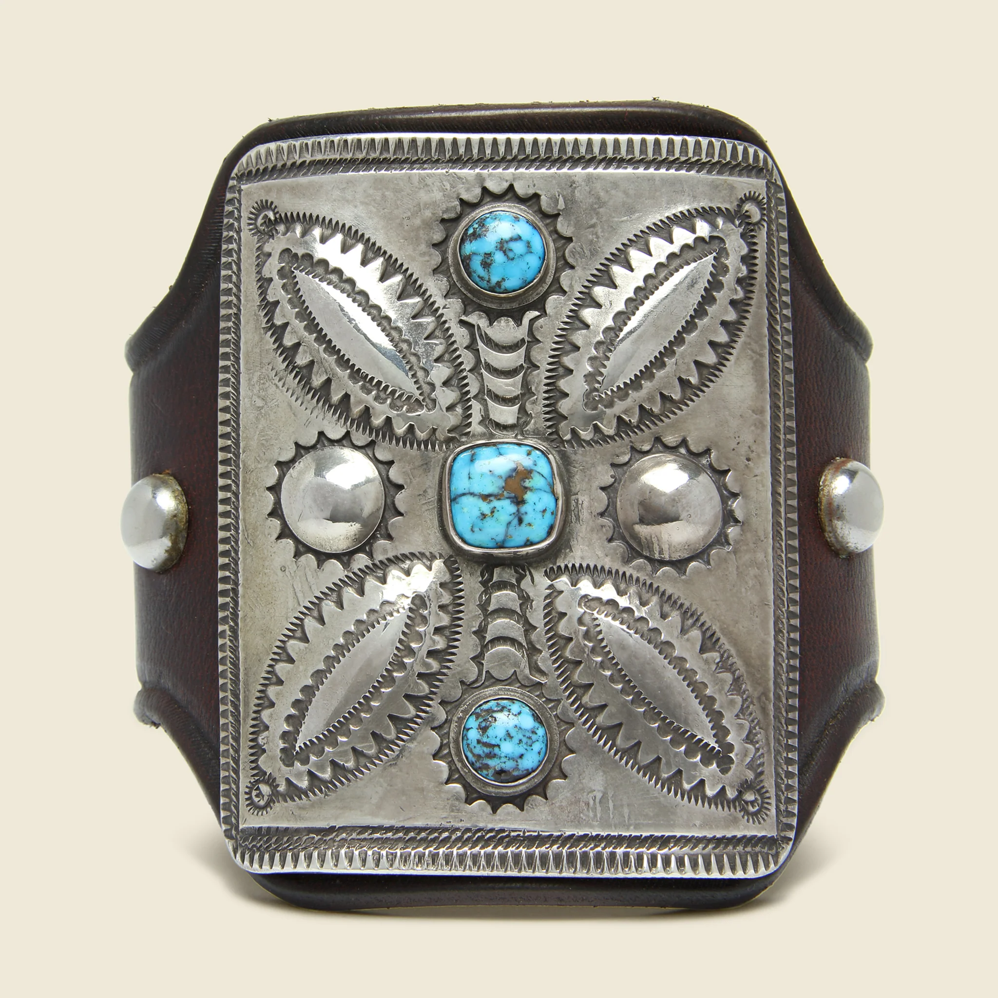 Leaf & Sunburst Motif Ketoh - Leather/Sterling/Turquoise - Image 2
