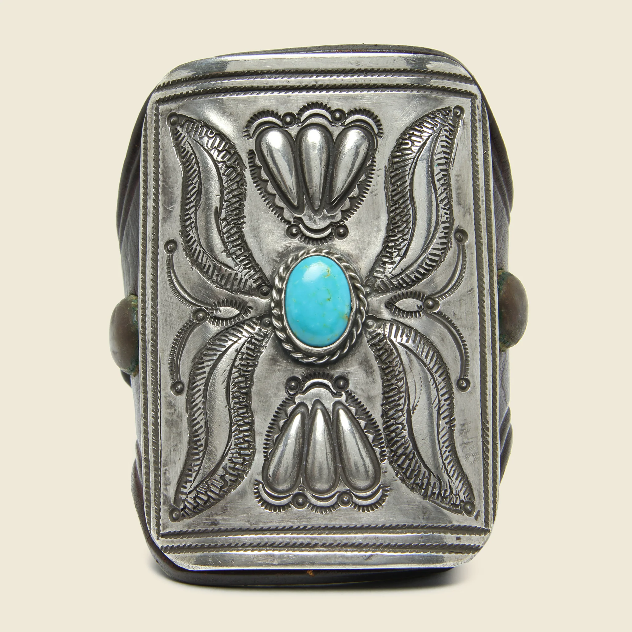 Rope Frame & Leaf Stamped Ketoh - Leather/Sterling/Turquoise - Image 2