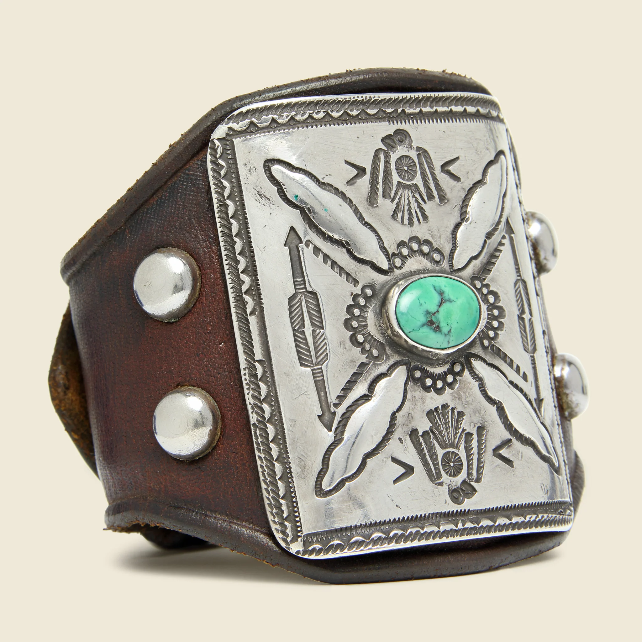 Double Thunderbird Motif Ketoh - Leather/Sterling/Turquoise
