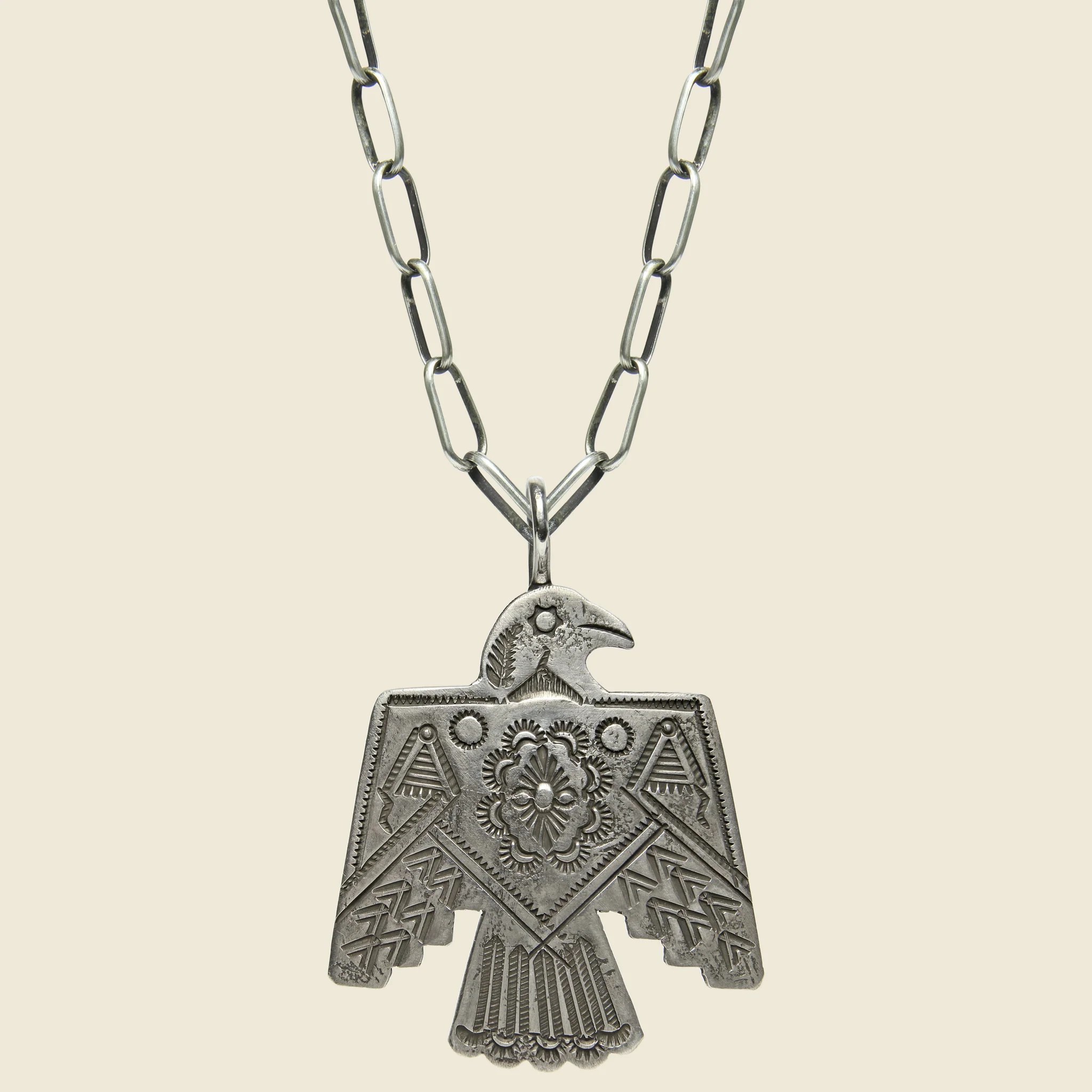 Large Geometric Thunderbird Pendant Necklace - Sterling Silver