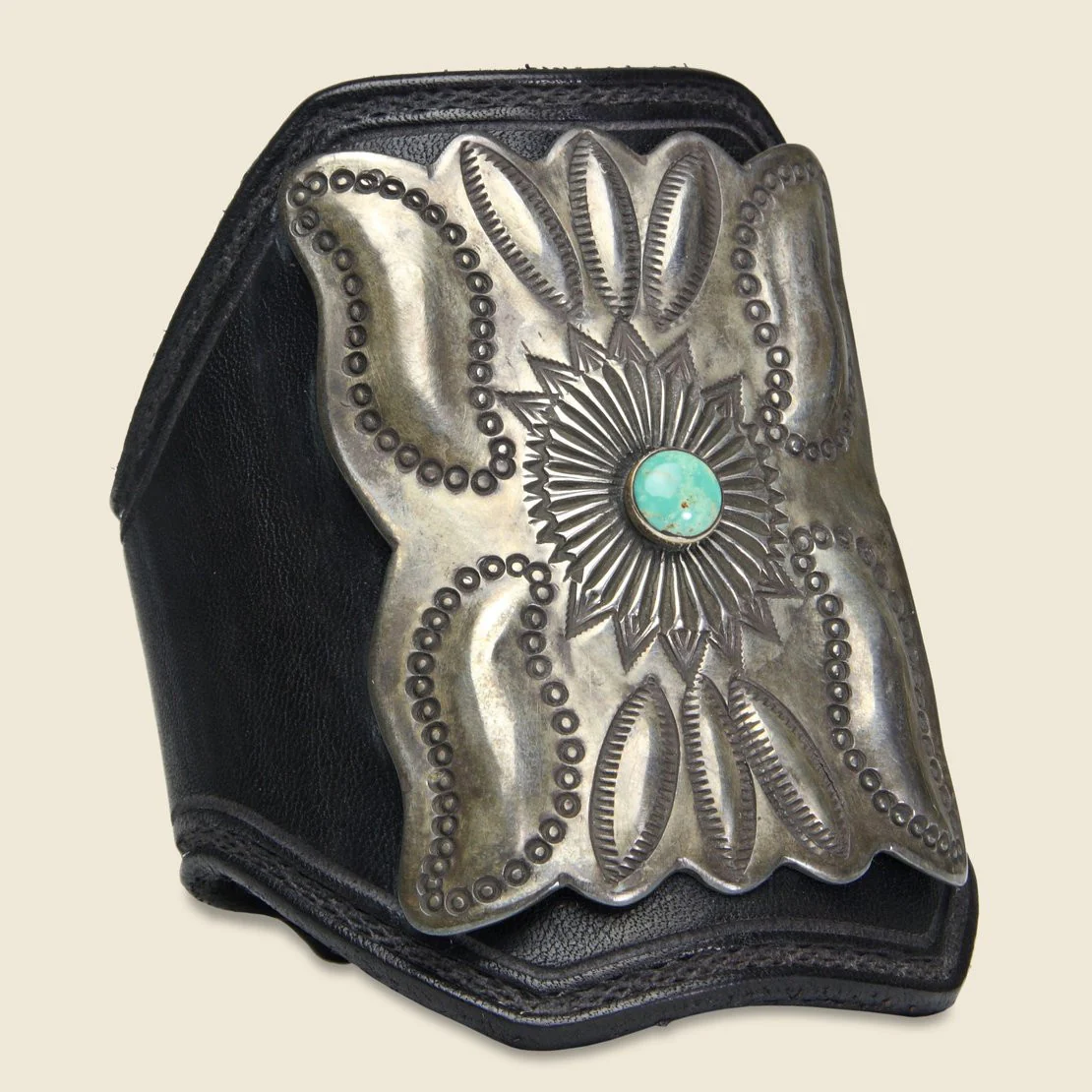 Leaf & Small Flower Motif Ketoh - Leather/Sterling/Turquoise