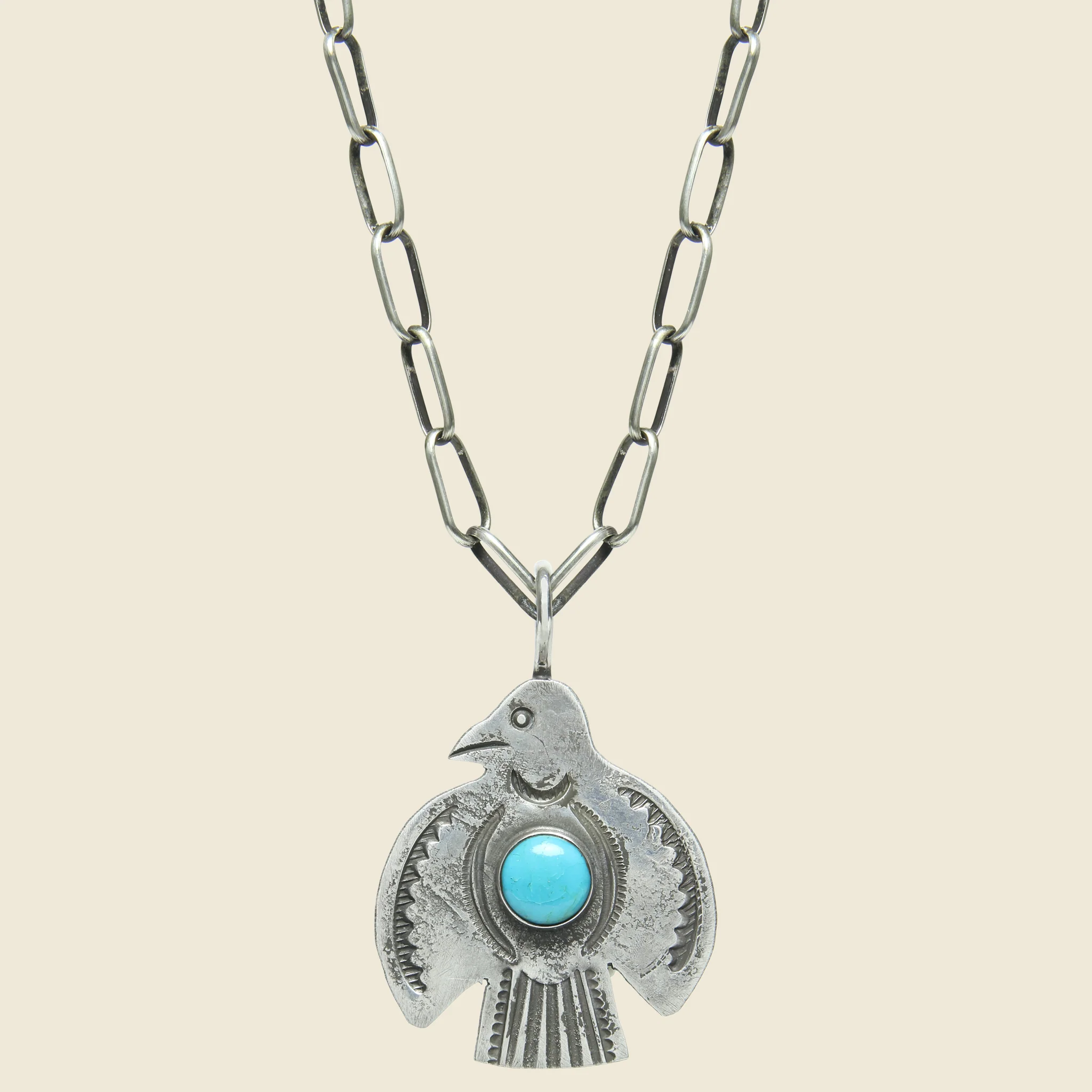 Round Wings Thunderbird Pendant Necklace - Sterling/Turquoise