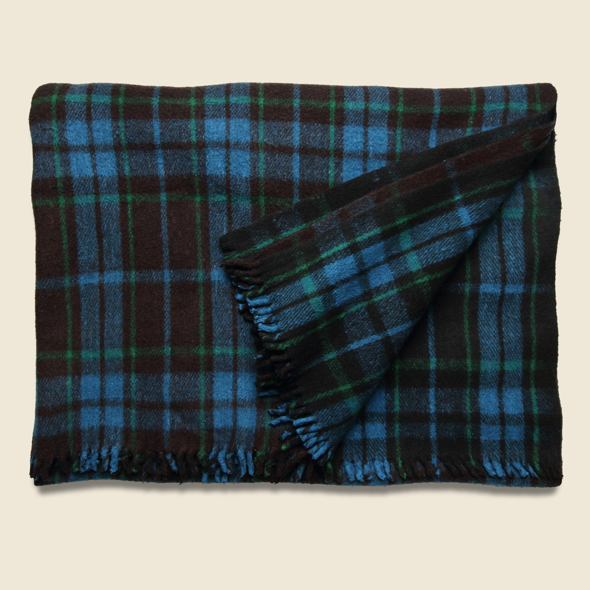 Vintage Indian Wool Plaid Blanket - Black/Green/Blue