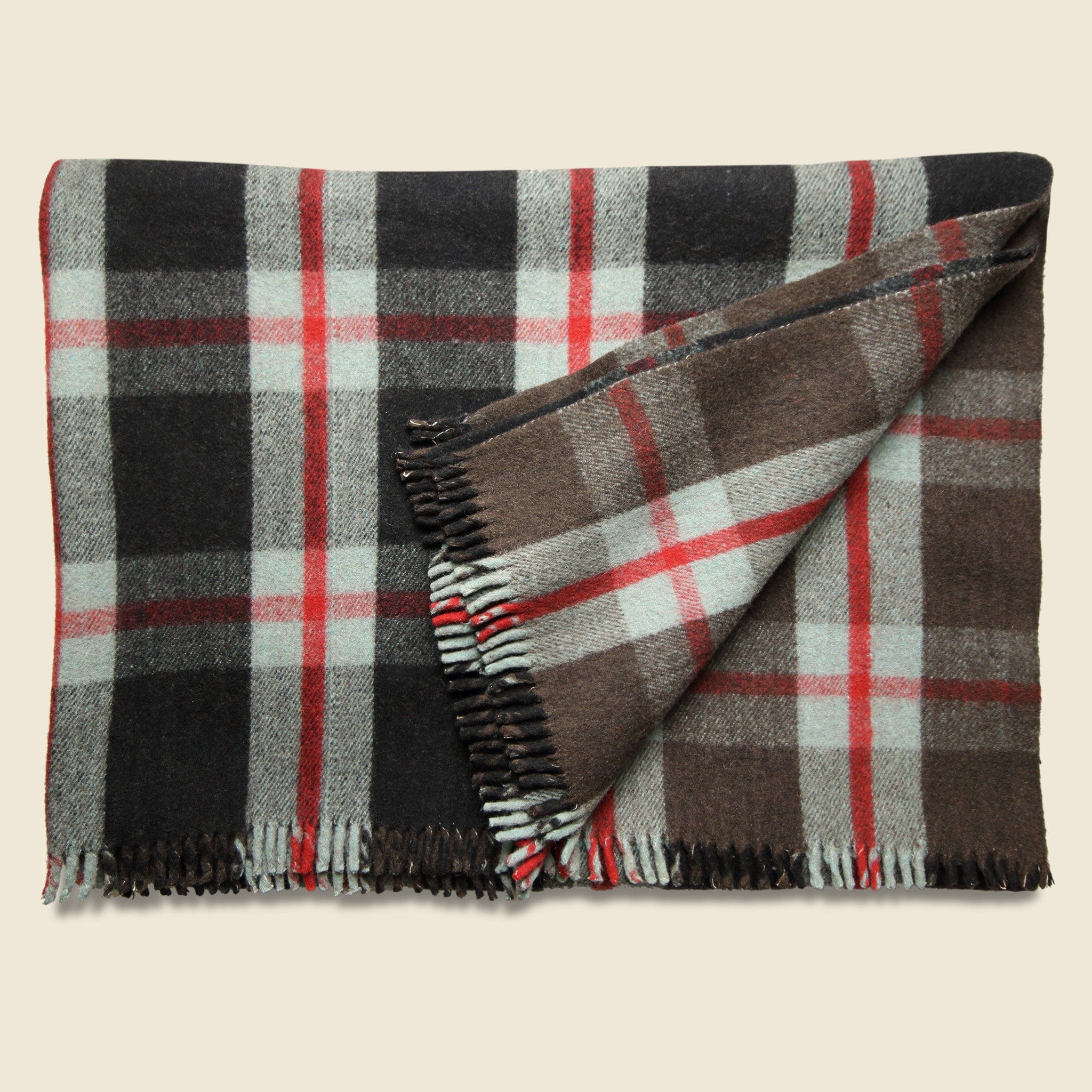 Vintage Indian Wool Plaid Blanket - Black/Red