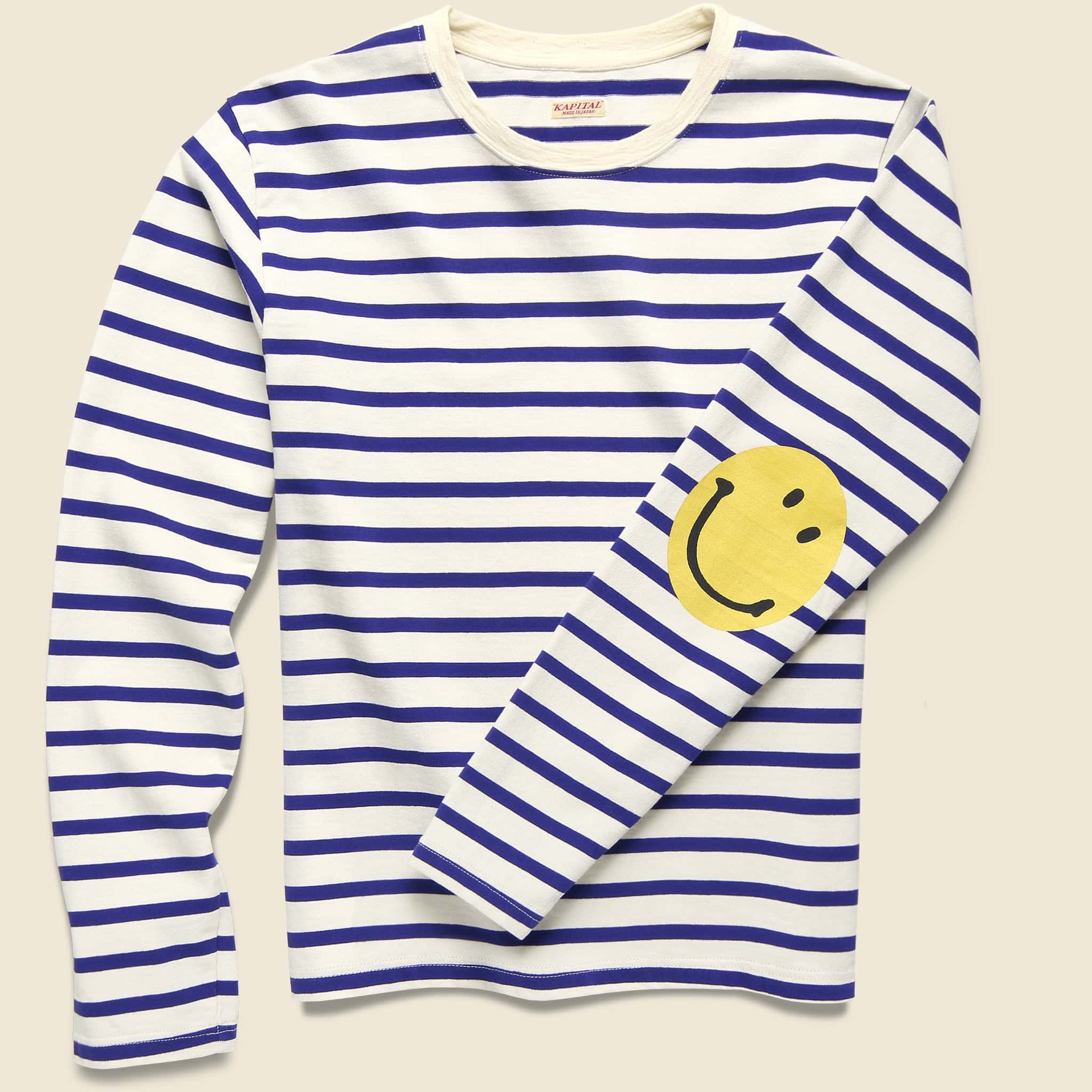 Stripe Jersey Crew Long Sleeve Tee (SMILIE Patch) - Ecru/Blue - Image 2