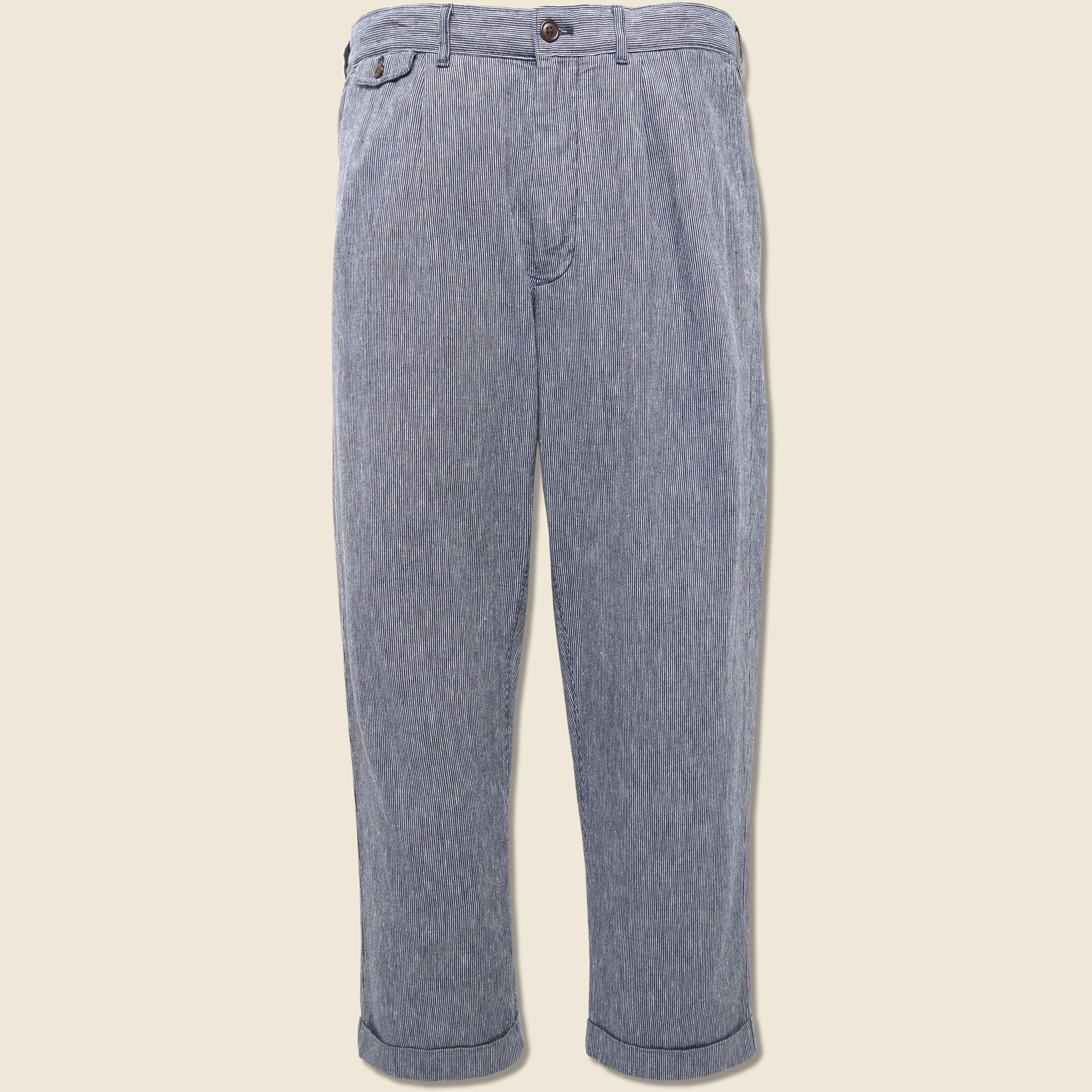 Striped Cotton Linen Pleated Pant - Navy/Blue/Ivory