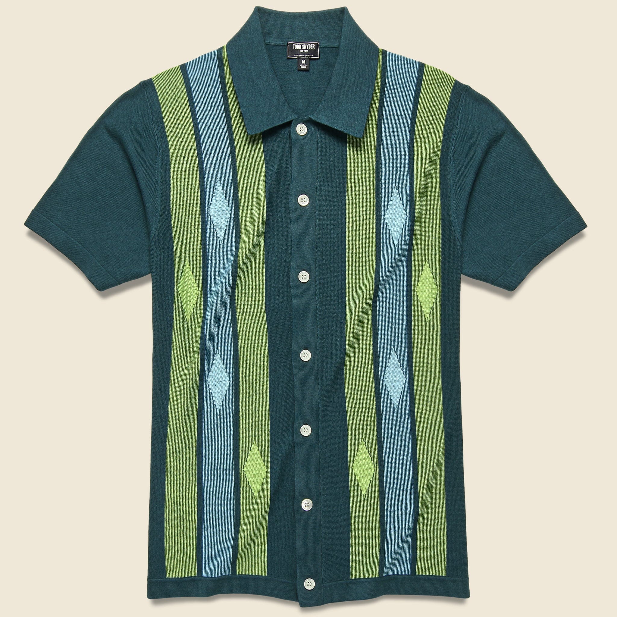 Striped Argyle Button-Down Sweater Polo - Storm Green