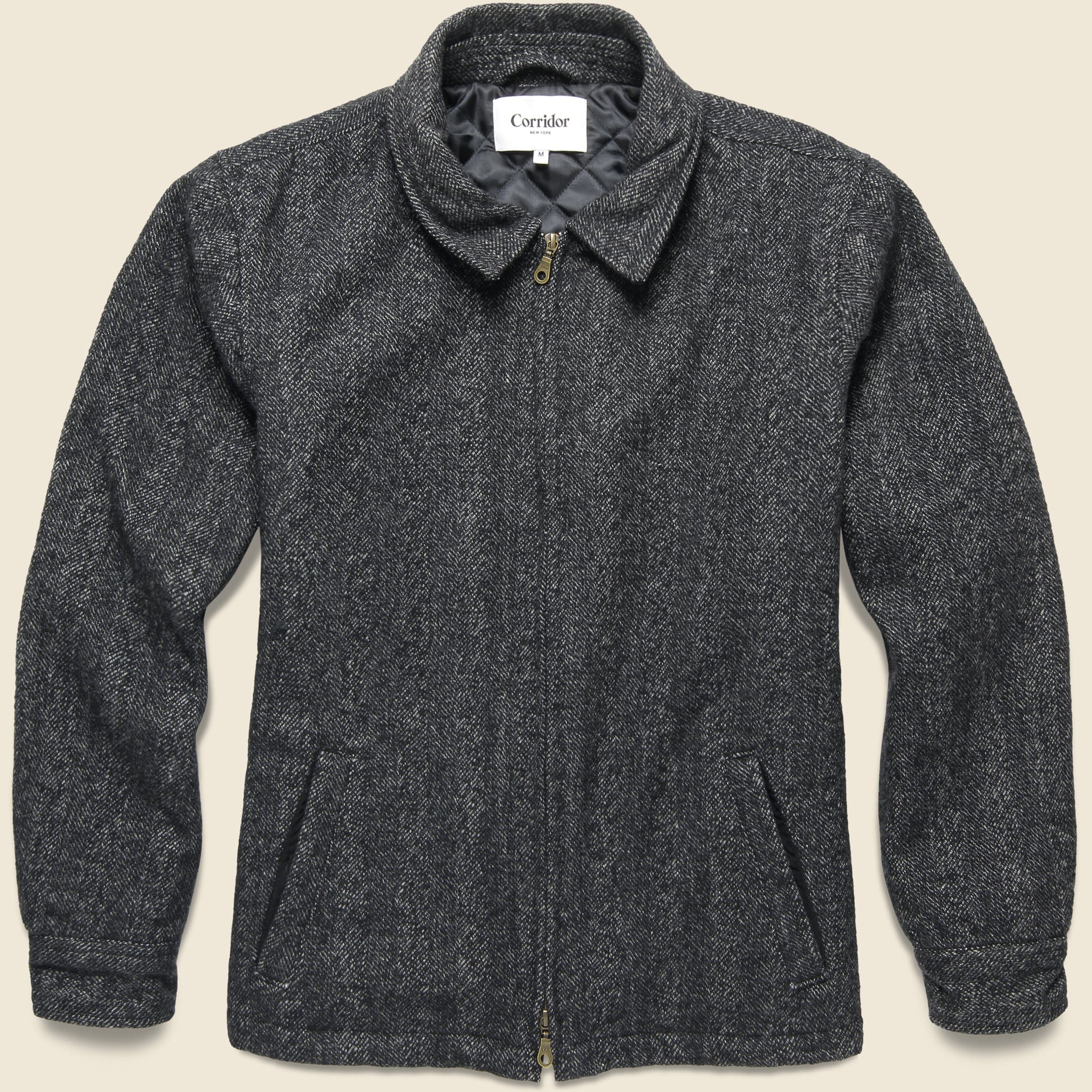 Tweed Herrigbone Zip Front Winter Jacket - Charcoal