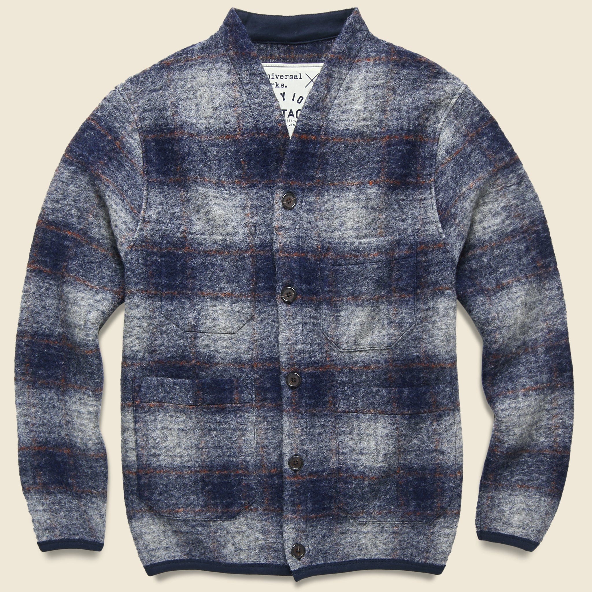 Wool Fleece Cardigan - Navy Check