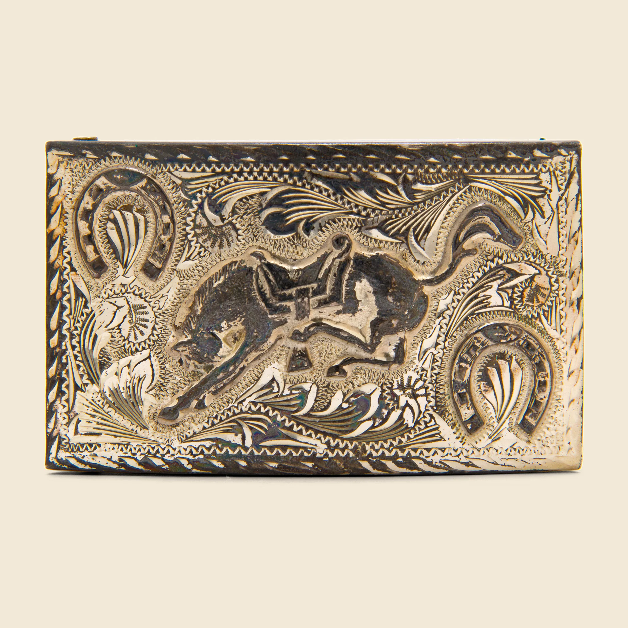 Carved Bucking Bronco Belt Buckle - Silver