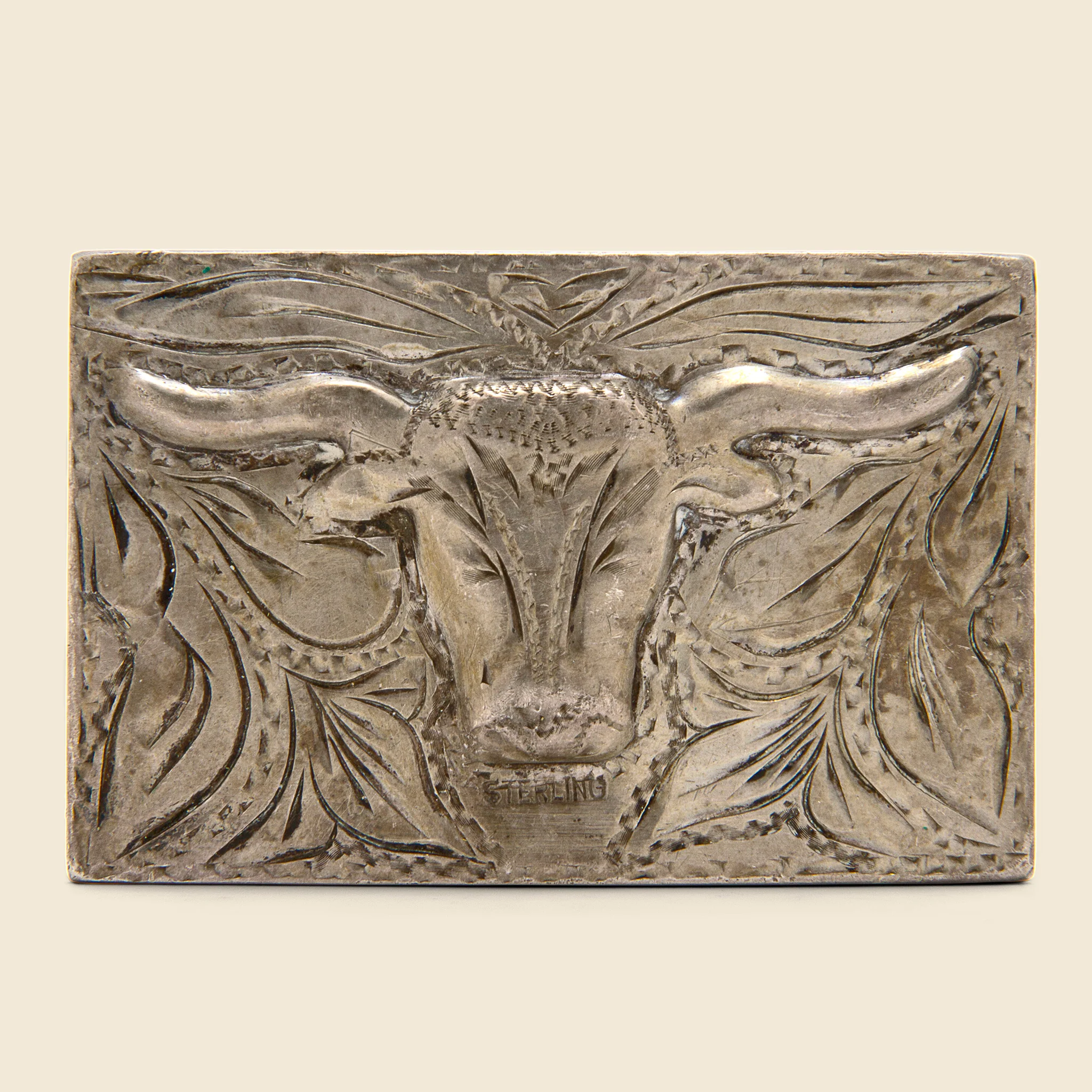 Carved Bull Belt Buckle - Sterling Silver
