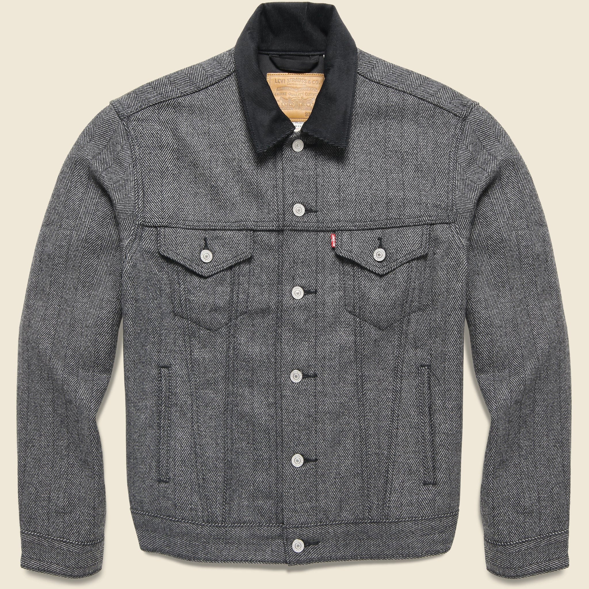 Vintage Fit Herringbone Trucker Jacket - Grey