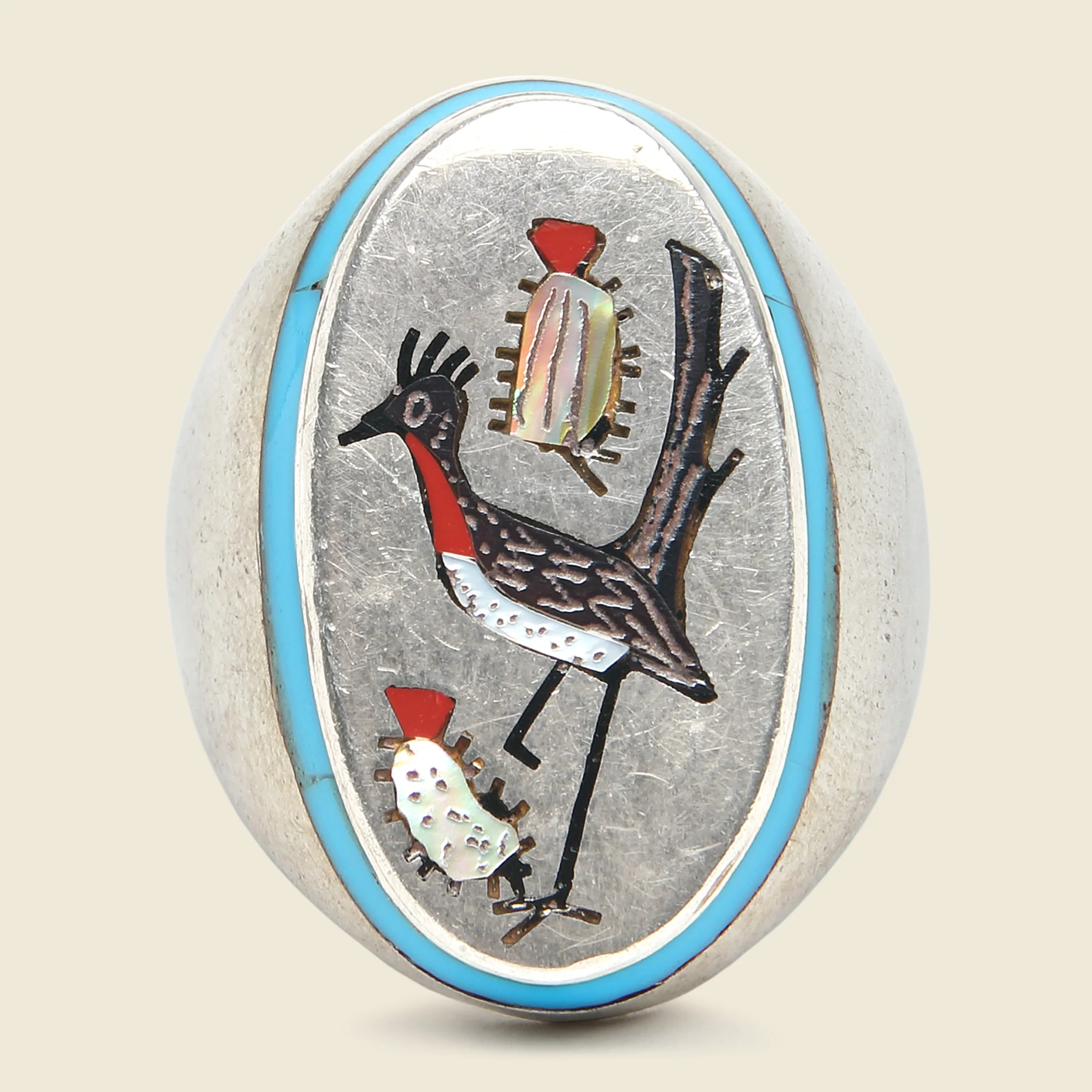 Vintage Sterling Inlaid Road Runner Ring - Image 2