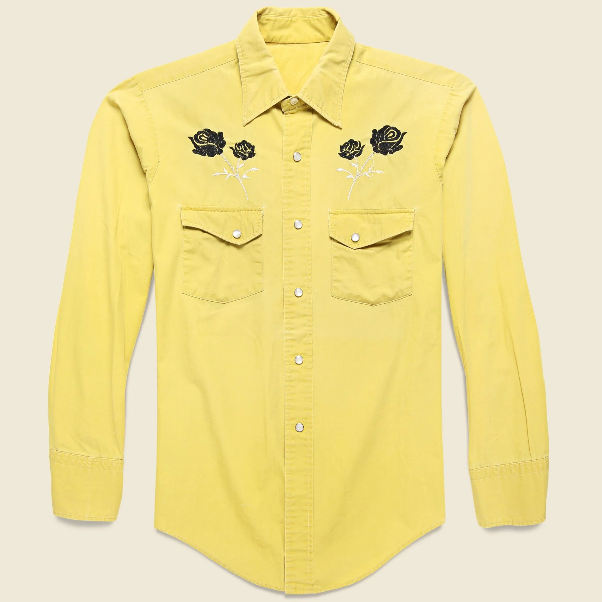 Western Shirt with Embroidered Black Roses - Yellow