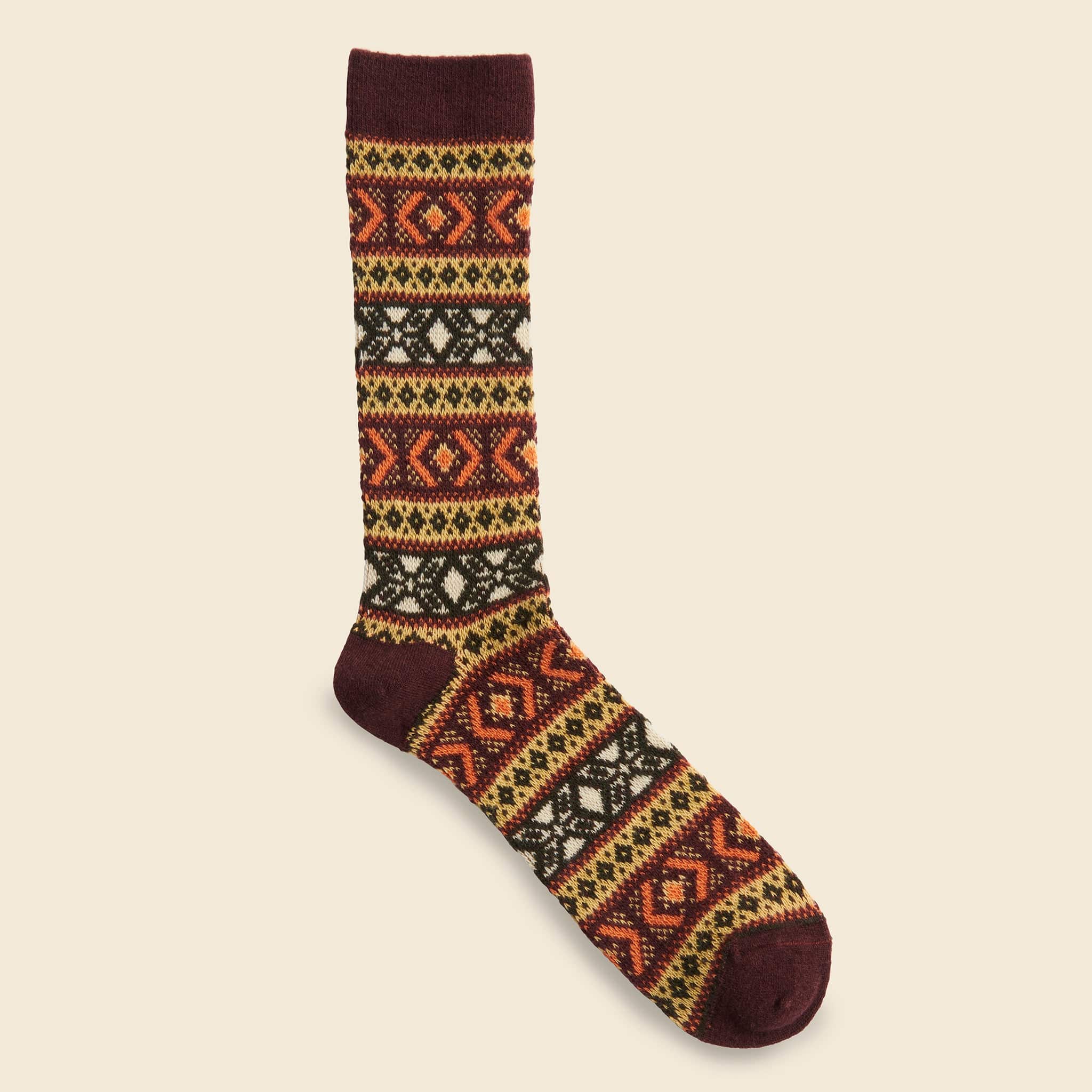 Wool Jacquard Crew Sock - Brown