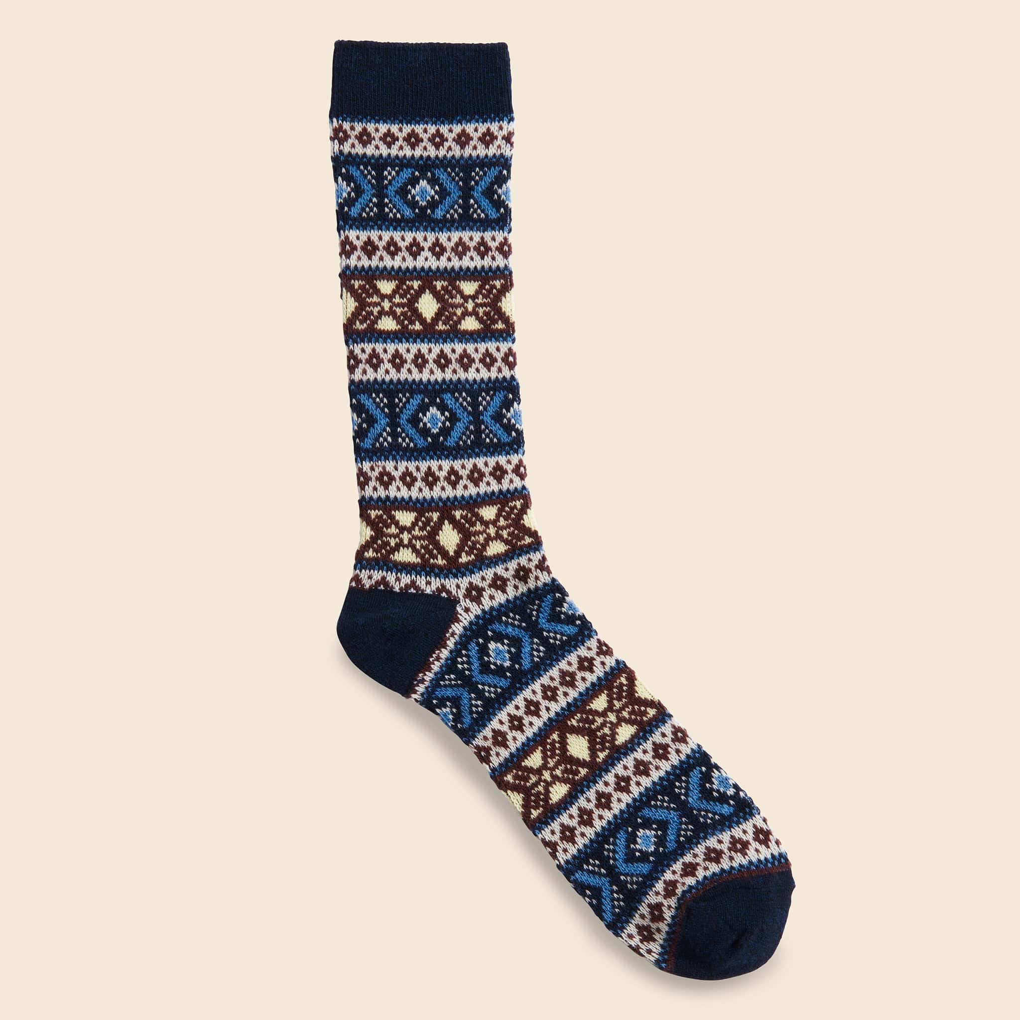 Wool Jacquard Crew Sock - Navy