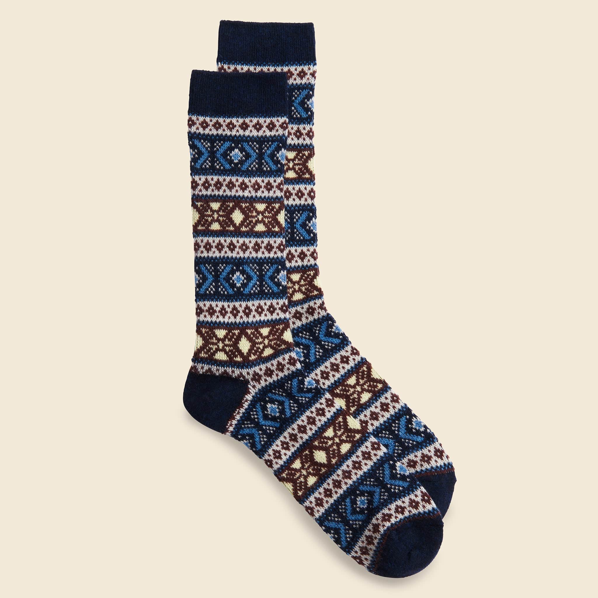 Wool Jacquard Crew Sock - Navy - Image 2
