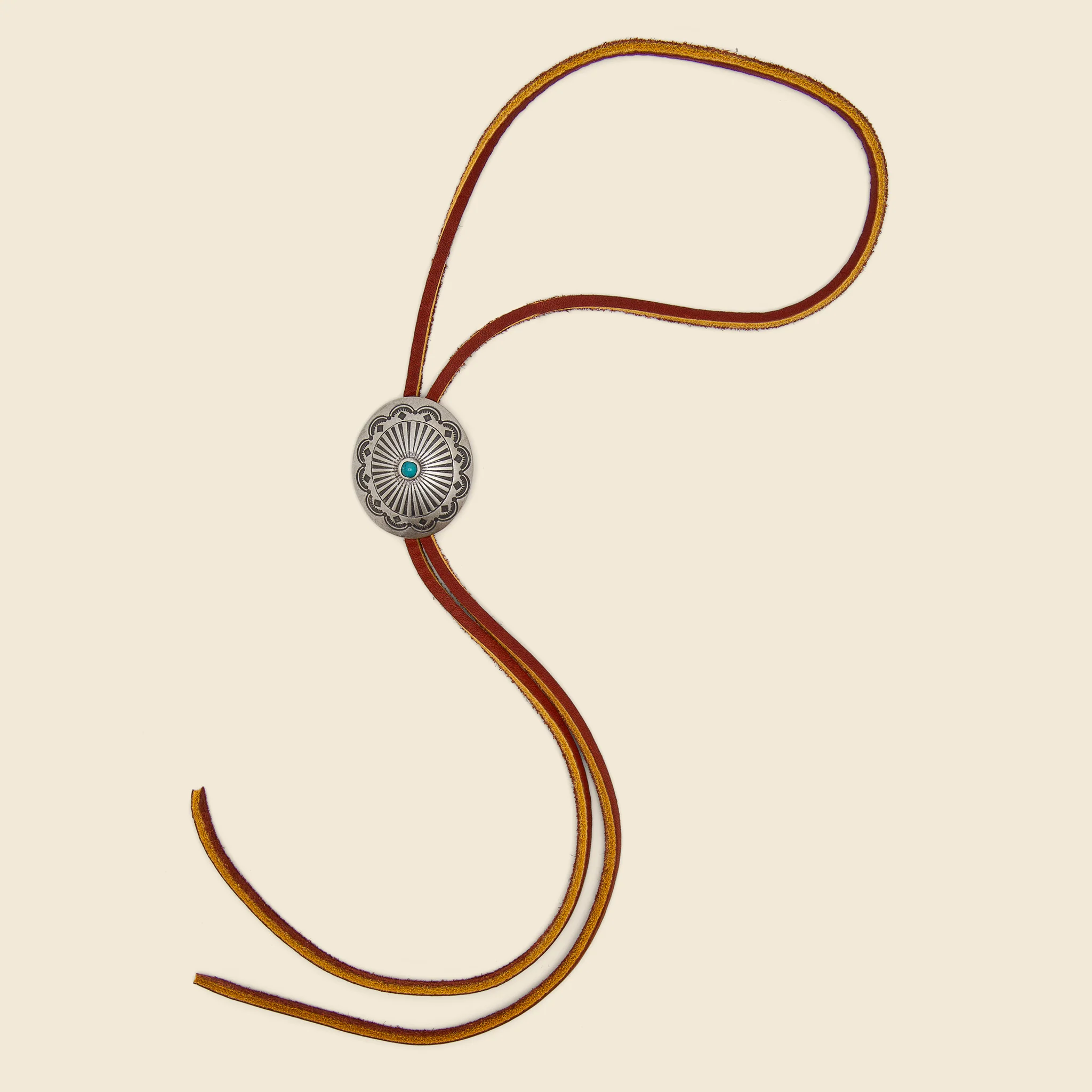 Leather Bolo Tie with Concho - Silver/Turquoise/Brown