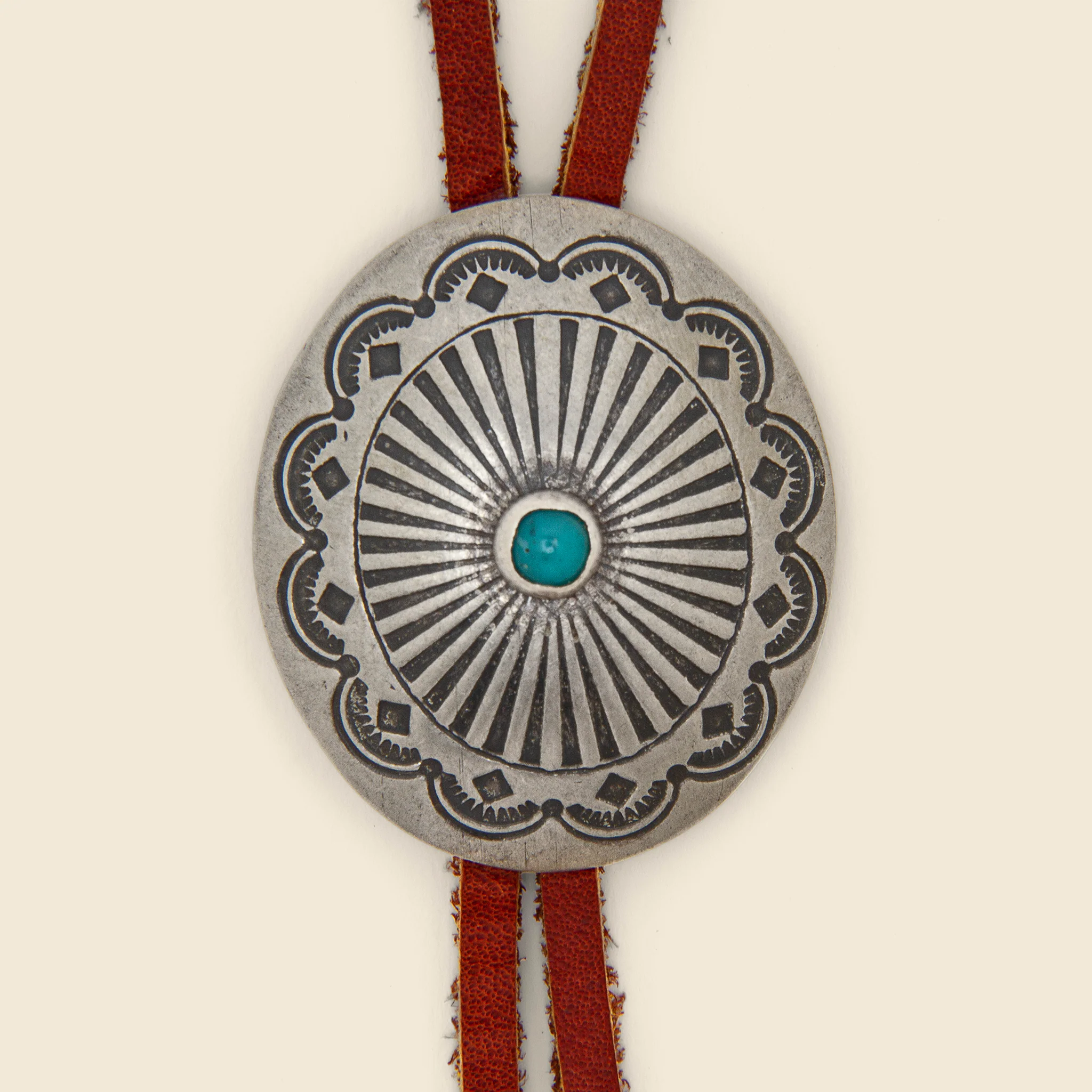 Leather Bolo Tie with Concho - Silver/Turquoise/Brown - Image 2